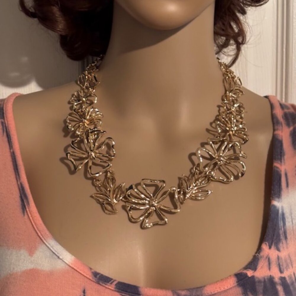 Gold Bib Necklace with Floral & Leaf Details, 10 Inches